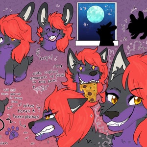 Op de afbeelding: Digitale illustratie van een paarse en zwarte weerwolf met rood haar in verschillende poses. De weerwolf wordt getoond als een konijn, pizza eetend en grommend. De tekst "RED werewolf. bun She/they. Lesbian" staat onderaan de afbeelding.