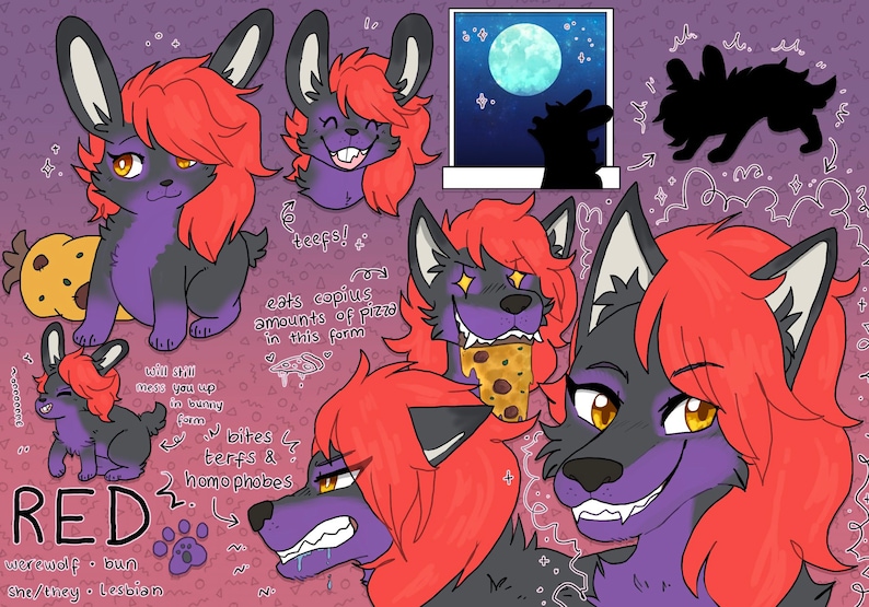 Op de afbeelding: Digitale illustratie van een paarse en zwarte weerwolf met rood haar in verschillende poses. De weerwolf wordt getoond als een konijn, pizza eetend en grommend. De tekst "RED werewolf. bun She/they. Lesbian" staat onderaan de afbeelding.