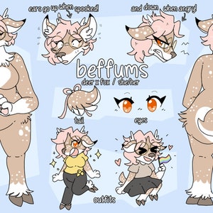 Op de afbeelding: Een cartoonillustratie van een hert-vos hybride personage genaamd "beffums". Het personage heeft roze haar, bruine vacht met witte vlekken en draagt een bril. De illustratie bevat verschillende uitdrukkingen en outfits voor het personage, waaronder een geel shirt en een zwarte broek, en een bruin shirt met een regenboogvlag.