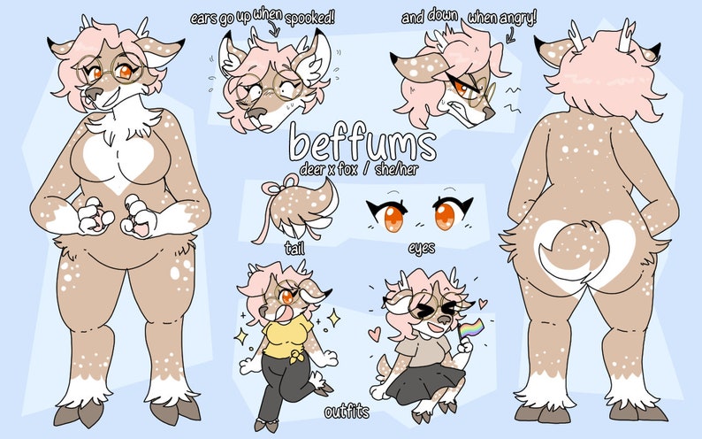 Op de afbeelding: Een cartoonillustratie van een hert-vos hybride personage genaamd "beffums". Het personage heeft roze haar, bruine vacht met witte vlekken en draagt een bril. De illustratie bevat verschillende uitdrukkingen en outfits voor het personage, waaronder een geel shirt en een zwarte broek, en een bruin shirt met een regenboogvlag.
