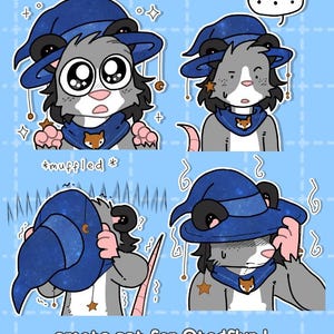 Könnte beinhalten: Ein Set aus vier digitalen Stickern mit einer Cartoon-grauen Maus, die einen blauen Zaubererhut mit Sternen trägt. Die Maus hat große Augen und wird in verschiedenen Posen gezeigt, darunter überrascht, verwirrt und mit dem Hut das Gesicht bedeckt.