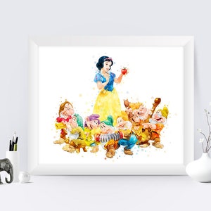 Zeven dwergen en sneeuwwitje print sneeuwwitje poster zeven dwergen afdrukbare sneeuwwitje zeven dwergen aquarel kunst aan de muur digitaal downloaden