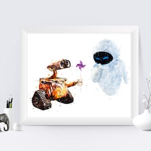 Wall-E and Eve Art Print Wall-E Eve Watercolor Poster Pixar Poster Wall Hanging Wall-E Nursery Art instant Download