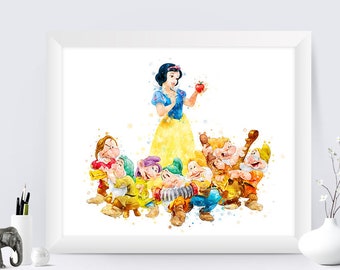 Seven Dwarfs and Snow White Print Snow White Poster Seven Dwarfs Printable Snow White Seven Dwarfs Watercolor Wall Art  Digital Download