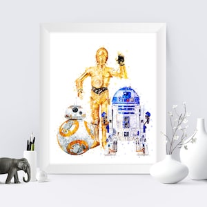 Star Wars R2-D2 BB-8 C3PO Print R2D2 C3PO BB8 Printable Watercolor Star Wars Art Poster Movie Home Wall Decor Star Wars Watercolor Gift