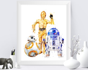 Star Wars R2-D2 BB-8 C3PO Imprimer R2D2 C3PO BB8 Aquarelle imprimable Star Wars Art Affiche Movie Home Wall Decor Star Wars Watercolor Gift