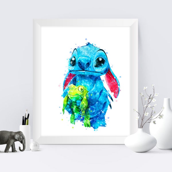 Stitch Art Print Lilo and Stitch Poster Ohana Means Family Quote Watercolor Stitch illustration Wall Hanging Digital Print