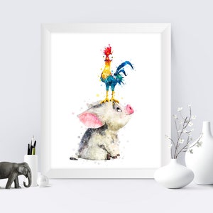 Pua et Hei Hei Print Princess Moana Aquarelle Moana et Hei Hei Pua Printable Art Moana Wall Art Poster Nursery Decor Impressions numériques