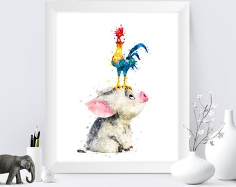 Pua and Hei Hei Print Princess Moana Watercolor Moana and Hei Hei Pua Printable Art Moana Wall Art Poster Nursery Decor Digital Prints