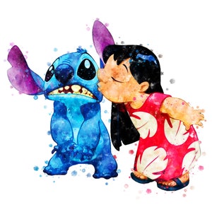May include: A watercolor painting of Stitch from Lilo & Stitch, a blue alien with large ears, being kissed on the cheek by Lilo, a young girl with long black hair wearing a red and white floral dress.