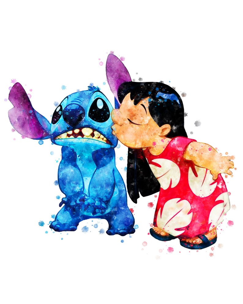 May include: A watercolor painting of Stitch from Lilo & Stitch, a blue alien with large ears, being kissed on the cheek by Lilo, a young girl with long black hair wearing a red and white floral dress.