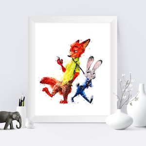 Zootopia Nick And Judy Print Zootopia Watercolor Nick And Judy Printable Zootopia Birthday Party Decor Baby Room Decor Digital Print