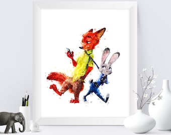 Zootopia Watercolor Print, Nick and Judy Art (Digital Print)