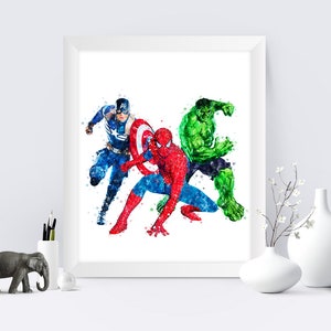 Superhero Watercolor Poster Spiderman Hulk Captain America Print Superhero Printable Birthday Gift Superhero Decor Digital Download