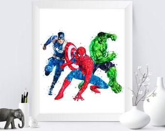 Superhero Watercolor Poster Spiderman Hulk Captain America Print Superhero Printable Birthday Gift Superhero Decor Digital Download