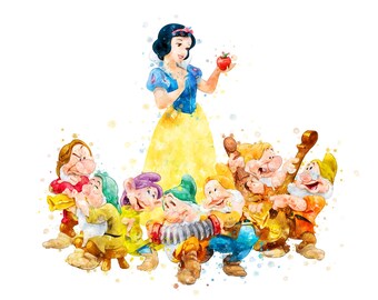 【 White and the Seven Dwarfs】イラスト Dwarf Watercolor Background, Snow White and Seven Dwarfs Png