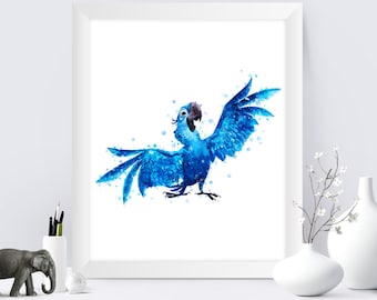 Lámina de acuarela de un loro de Río, arte mural tropical (descarga digital)