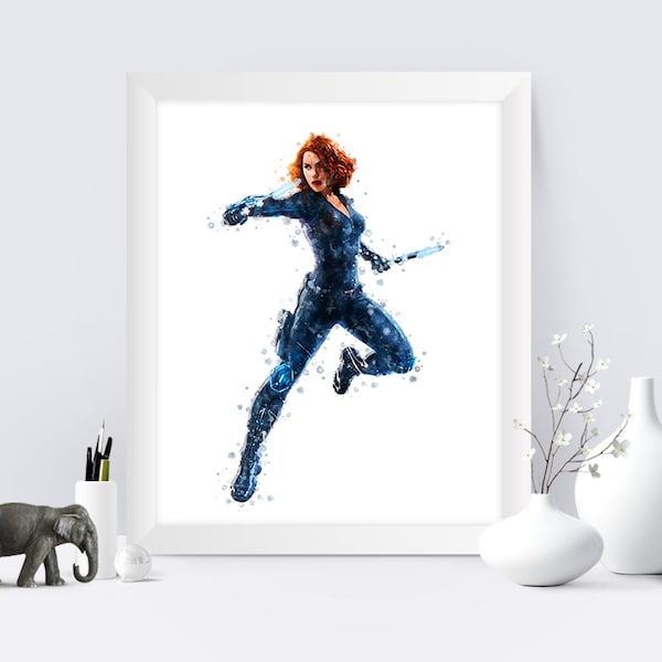 Black Widow Art Print Avengers Superhero Marvel Watercolor Black Widow Printable Wall Birthday Decor Superhero Gift Instant Download