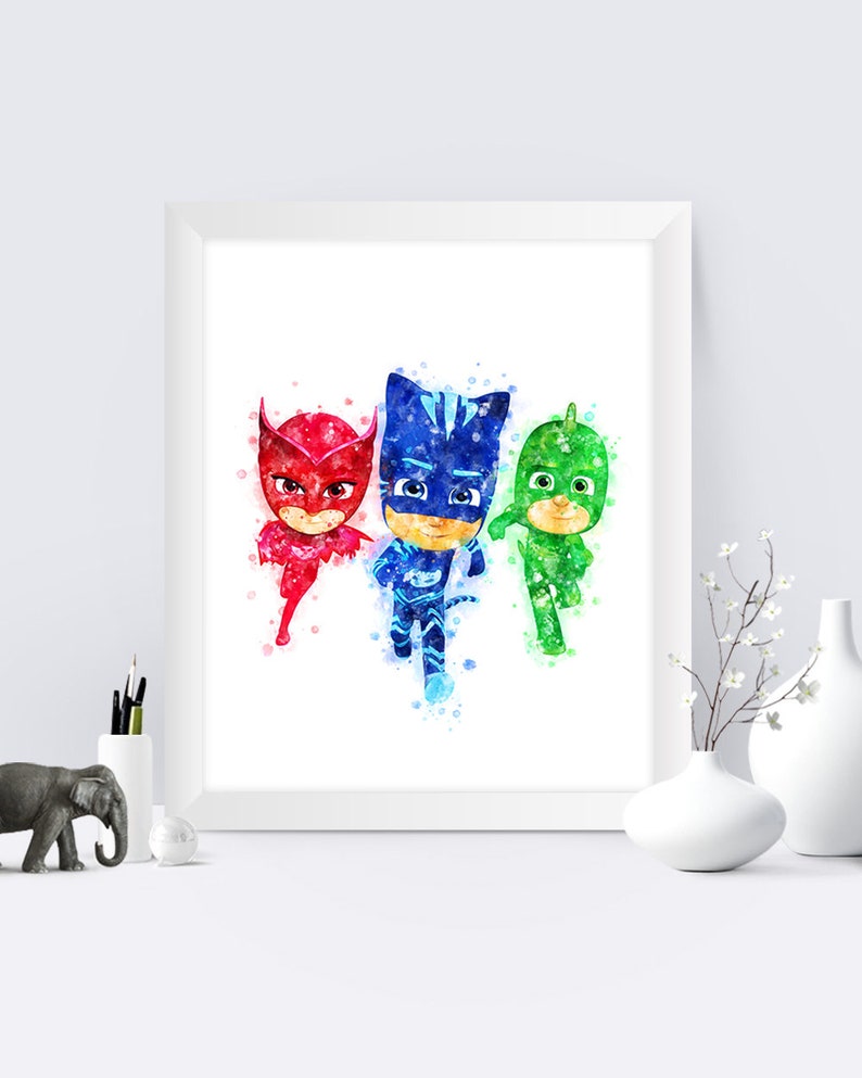 PJ Masks Watercolor Poster Catboy Painting Owlette Gekko Print | Etsy
