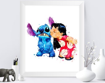 Lilo et point aquarelle impression ohana signifie famille affiche lilo et point imprimable art pépinière point fête décoration murale impressions numériques