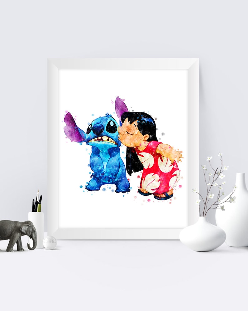 May include: A watercolor painting of Stitch from Lilo & Stitch, a blue alien with big ears, being kissed on the cheek by Lilo, a young girl with long black hair wearing a red and white flower patterned dress.