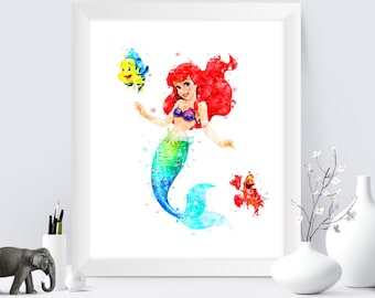Little Mermaid Watercolor Ariel Print Little Mermaid Flounder Sebastian illustration Printable Art Wall  Digital Download