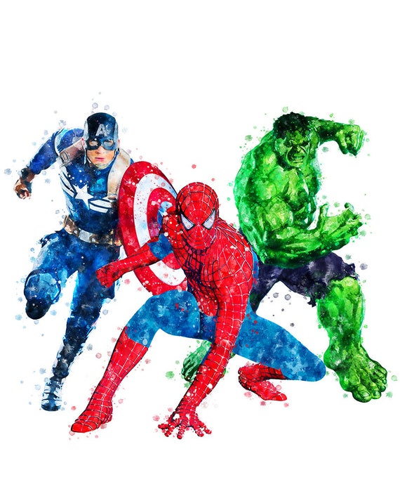Superhero Watercolor Poster Spiderman Hulk Captain America Print