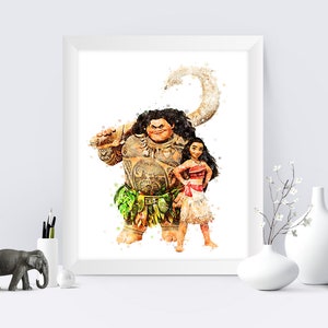 モアナ姫とマウイのプリント モアナの水彩画 モアナのマウイの水彩画 印刷可能な壁アート 子供部屋の装飾 ギフト デジタルダウンロード