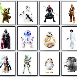 Könnte beinhalten: Ein Set mit 12 Aquarell-Illustrationen mit Charakteren und Objekten aus dem Star Wars-Franchise. Die Illustrationen sind in einem weißen Rahmen mit schwarzem Rand. Die Charaktere umfassen Yoda, Darth Vader, R2-D2, BB-8, Prinzessin Leia, Chewbacca, einen Stormtrooper, einen Mandalorianer, einen TIE-Jäger und einen Todesstern.