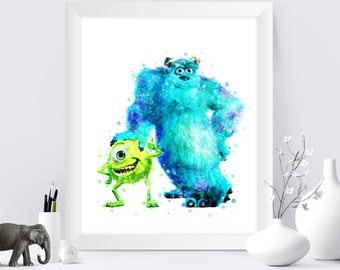 Mike and Sulley Watercolor Art Print, Nursery Decor (Digital Download)