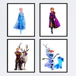 Frozen 2 Set of 4 Art Print Princess Anna and Elsa Poster Olaf Salamender Kristof Sven Watercolor Printable Frozen Wall Art Digital Print