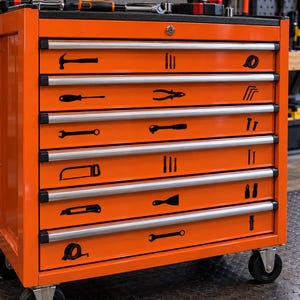 Op de afbeelding: Een feloranje verrijdbare gereedschapswagen van metaal met zes lades en zilverkleurige handgrepen. Elke ladefront is versierd met zwarte vinylstickers die diverse handgereedschappen afbeelden, zoals hamers, moersleutels, schroevendraaiers en zagen.