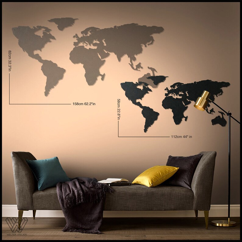 World Map Metal Wall Art Metal World Map Wall Art Bedroom Etsy