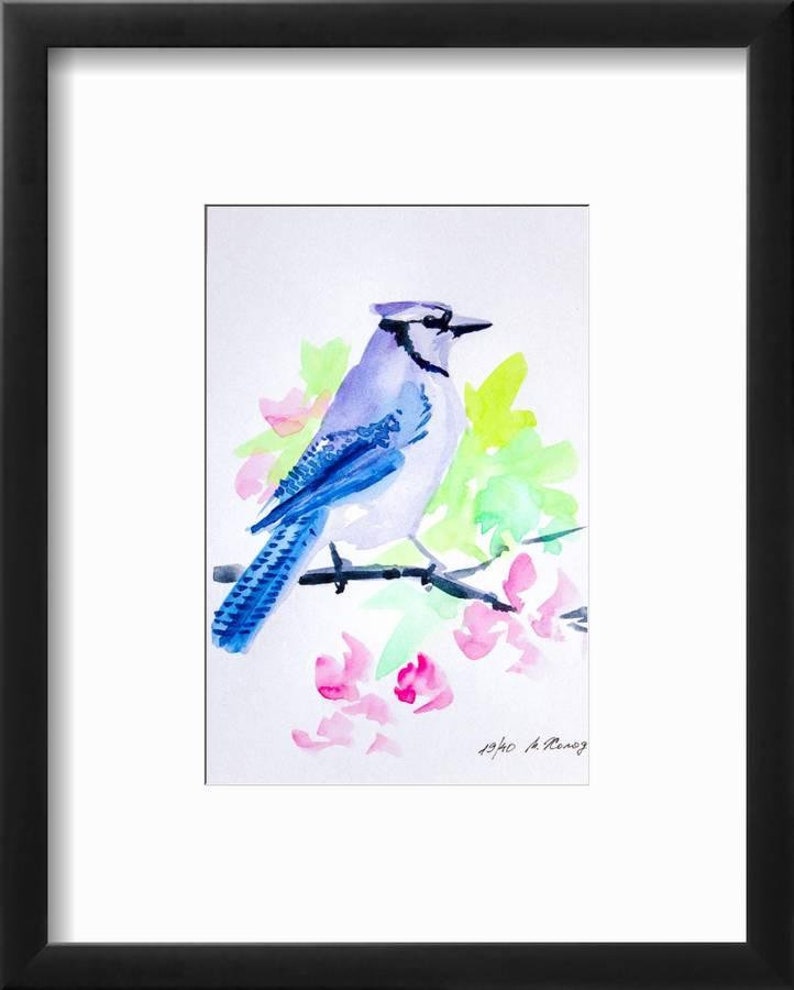 Blue Jay Original Watercolor Bird Painting Artwork by 5.5 7 Maria Kholodova