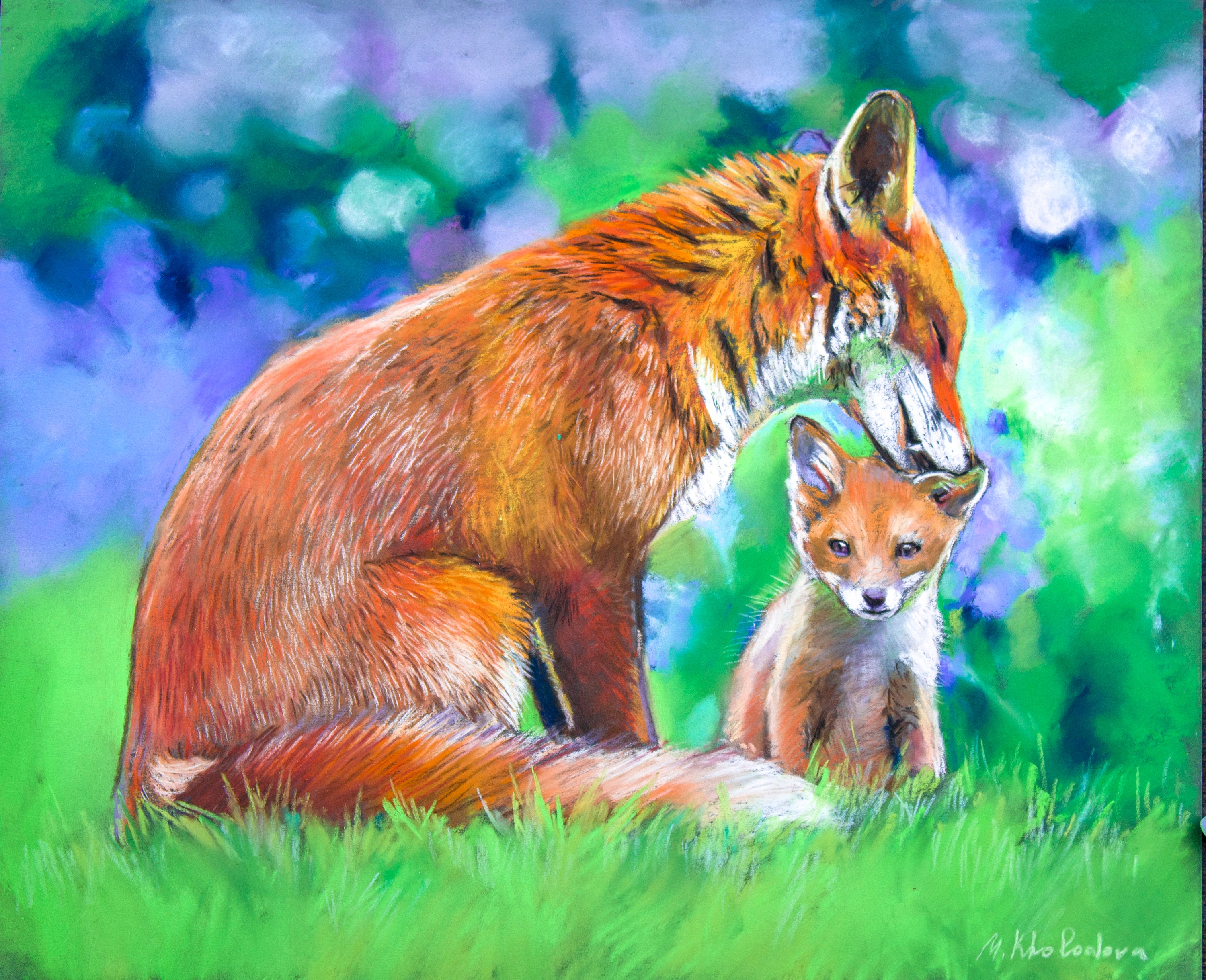 Fox and Baby Pastel Painting Art Mom and Baby Wildlife Animals Etsy