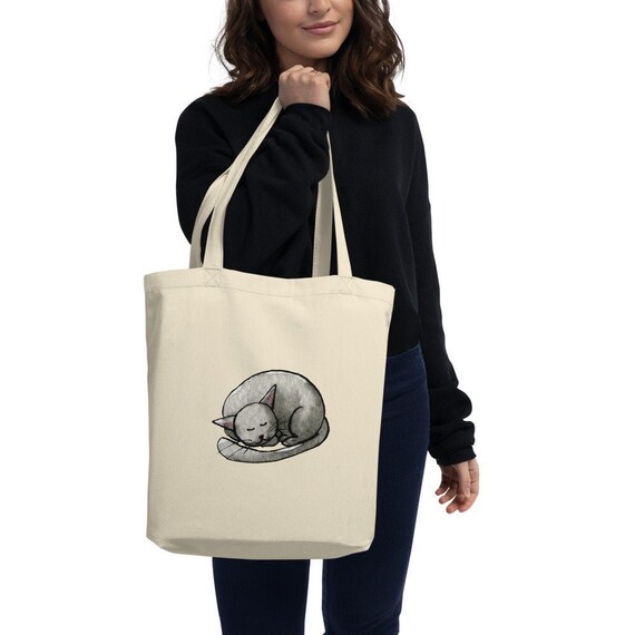 Cute black cat tote bag for cat mom organic cotton tote bag | Etsy
