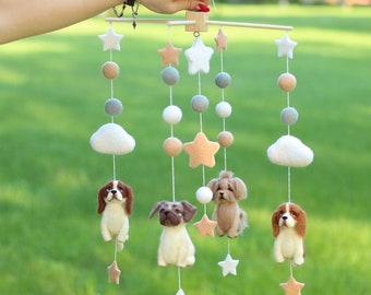 Customized  felted  baby mobile. Nursery felted mobile with dogs. Individual, personalized custom mobile with animals. Baby Shower Gift.