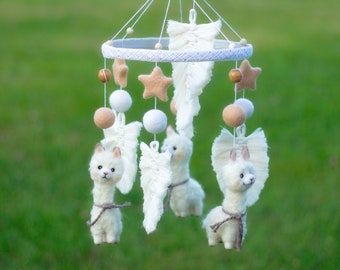 Felted boho style baby mobile. Nursery  boho mobile with llamas. Made in Macrame and felting techniques. Baby Shower Gift.
