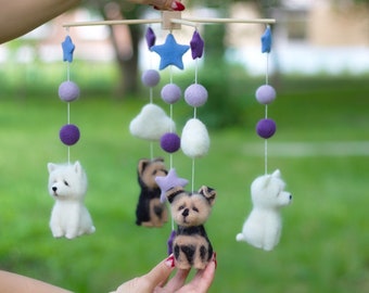 Customized felted baby mobile. Nursery felted mobile with dogs . Individual, personalized custom mobile with pets. Baby Shower Gift.