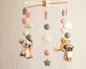 Customized felted baby mobile. Nursery felted mobile with Pets. Individual, personalized custom mobile with animals. Baby Shower Gift.