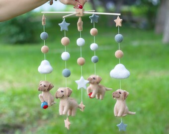 Customized felted baby mobile. Nursery felted mobile with Labradors. Baby Shower Gift.