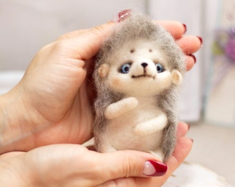 May include: A small, white and gray needle felted hedgehog toy with blue eyes. The hedgehog is being held in the palms of two hands.