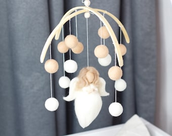 Customized baby mobile. Nursery felted mobile with Angel or any figurine you wish. Individual custom mobile. Baby Shower Gift.