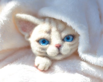 Può includere: Un gatto bianco in feltro ad ago con occhi azzurri è rannicchiato in una coperta bianca e soffice. La testa del gatto sporge da sotto la coperta e le sue zampe sono visibili.