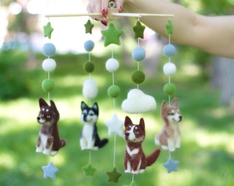 Customized  felted  baby mobile. Nursery felted mobile with dogs Husky. Individual, personalized custom mobile with pets. Baby Shower Gift.