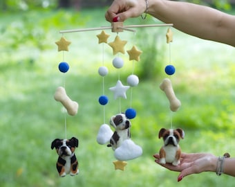Customized felted baby mobile. Nursery felted mobile with english bulldogs. Custom mobile with animals. Baby Shower Gift.