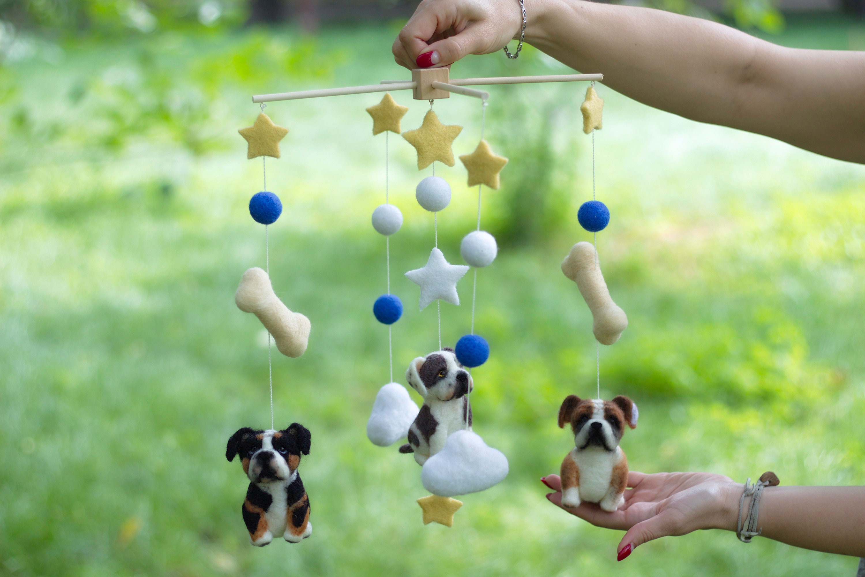 Customized Felted Baby Mobile. Nursery Mobile With English Bulldogs. Custom Animals. Baby Shower Gift