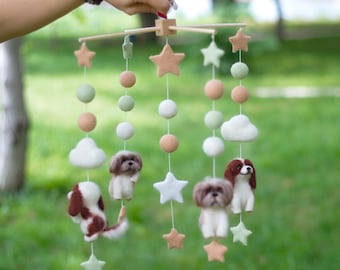 Customized felted baby mobile. Nursery felted mobile with dogs. Individual, personalized custom mobile with animals. Baby Shower Gift.