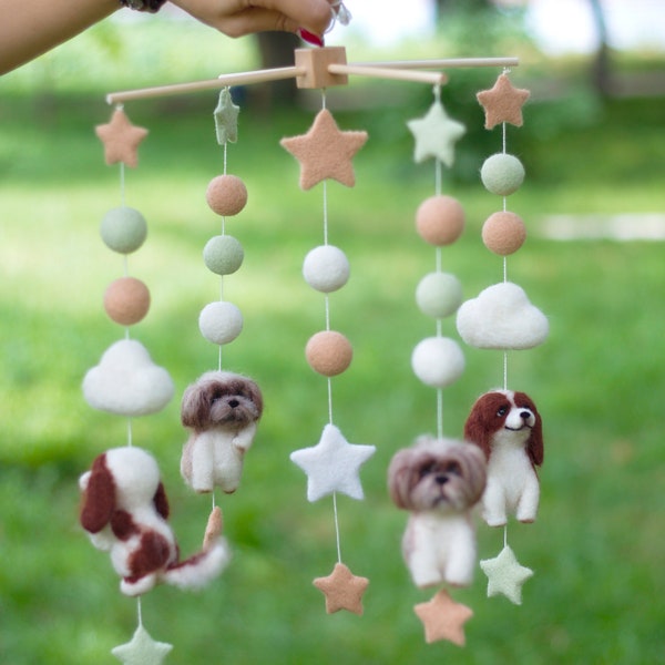 Customized felted baby mobile. Nursery felted mobile with dogs. Individual, personalized custom mobile with animals. Baby Shower Gift.