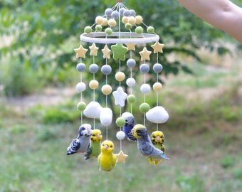 Customized felted baby mobile. Nursery felted mobile with parrots. Individual, personalized custom mobile with parrots. Baby Shower Gift.